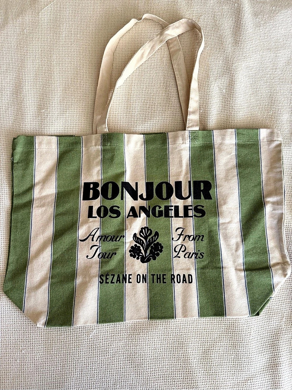 Sézane Bonjour Los Angeles Tote Bag Striped Tote in Green & White Brand New